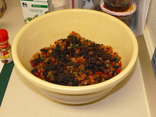My largest bowl, kept almost exclusively for this project. This is almost four pounds of mixed fruits.